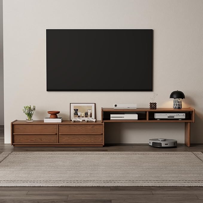 YQJJGL Solid Wood TV Stand for TVs up to 65 Inch， Walnut TV Stand with Storage and Shelf for Living Room, Bedroom, Office