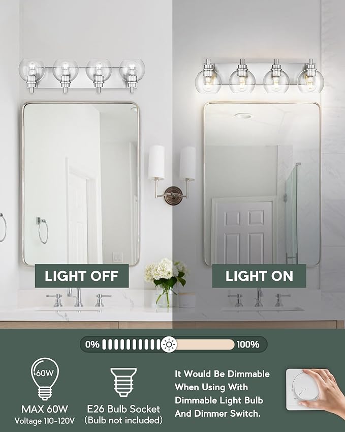 METWET Bathroom Light Fixtures, 4 Light Brushed Nickel Vanity Light, 26 Inch Modern Wall Sconces with Globe Clear Glass Shade, Vanity Lighting Fixtures Over Mirror, VL195-BN-CL-4