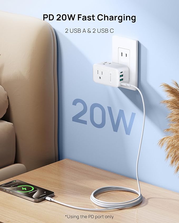 TROND 2 Prong to 3 Prong Outlet Adapter with 360 Rotating Plug, 3 AC Power Splitter with 2 USB C PD20W, Travel Plug Adapter for US to Japan, Wall Outlet Extender for Old House Travel Essentials