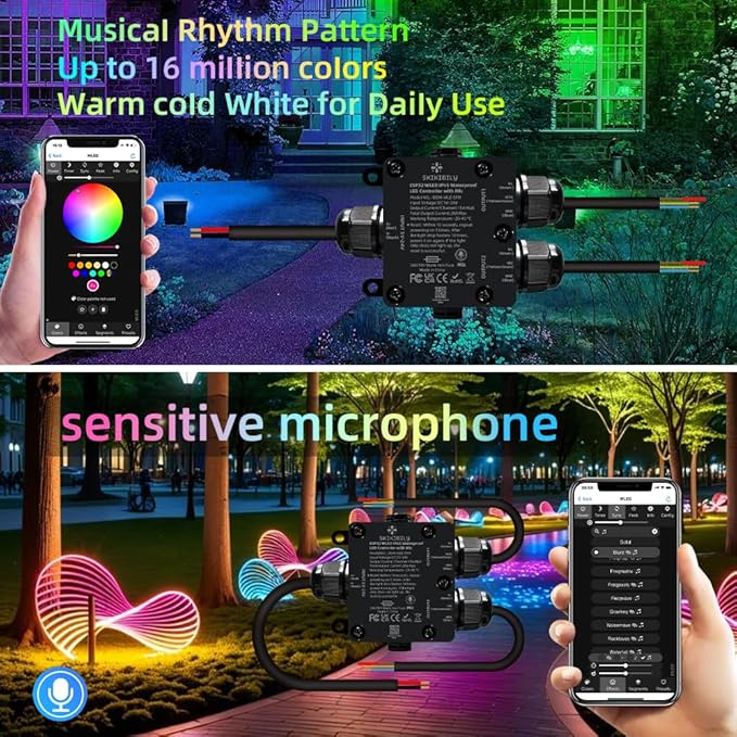 Skikibily ESP32 WLED LED Controller with Mic for Music Sync, APP/Web Control, IP65 Waterproof, 5V/12V/24V WS2812B SK6812 WS2811 RGBIC Addressable LED Strip Lights, 20A Output Fuse Protection