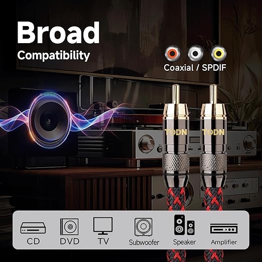 TODN Hi-end Digital Coaxial Cable OFC Core for Audiophile 75-Ohm SPDIF RCA to RCA Audio Cable for Subwoofer, TV, Amp, HiFi Systems (9.8ft /3m)