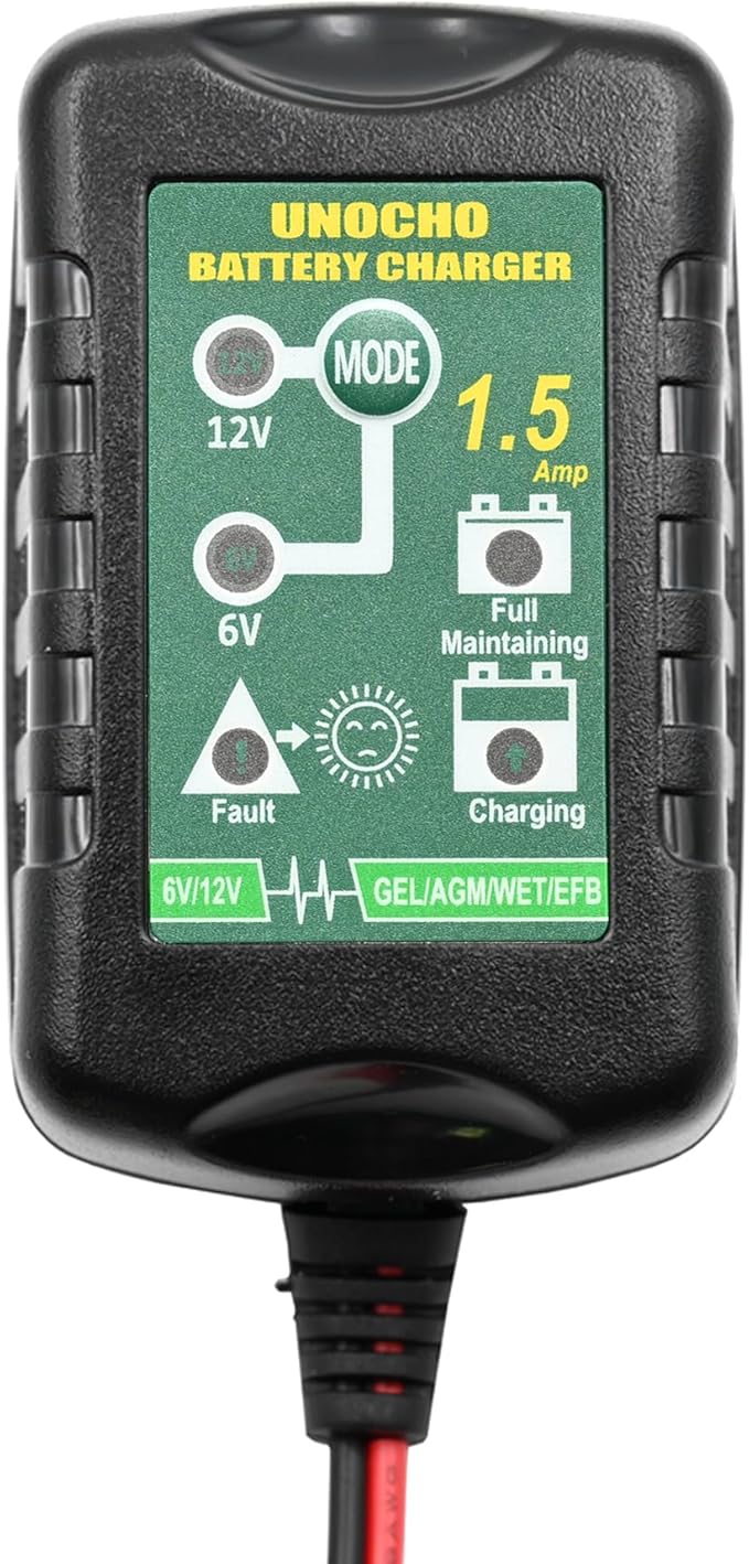 6V 12V Battery Charger 1.5A Automatic Battery maintainer trickle Battery Charger Smart Float Charger for auto car Motorcycle Lawn Mower Boat Motorcycle Snowmobile