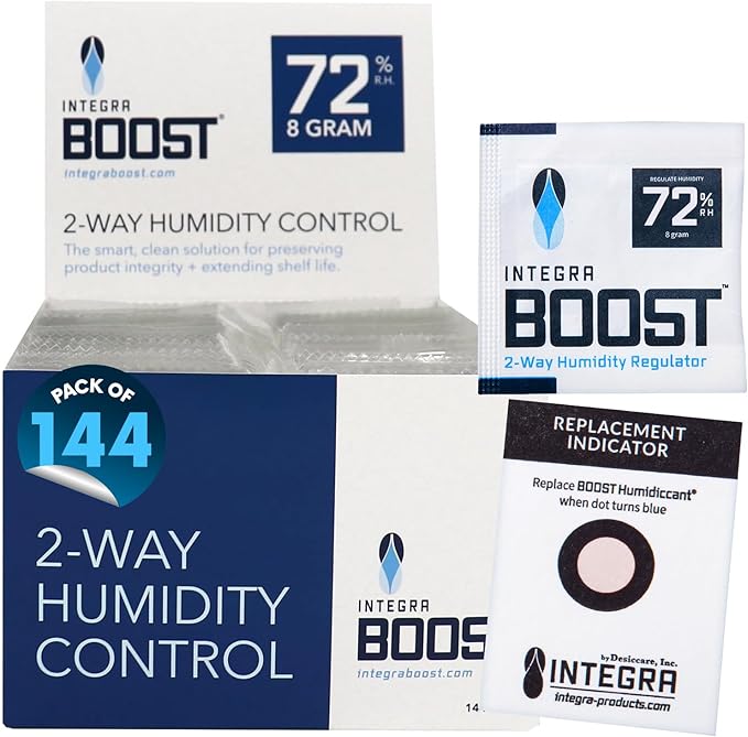 Integra Boost 2-Way Humidity Control Pack - Preserve Flavor & Control Humidity at 72% RH - Moisture Absorber for Herbs, Spices & More - 8 Gram (Pack of 144 in Retail Display)