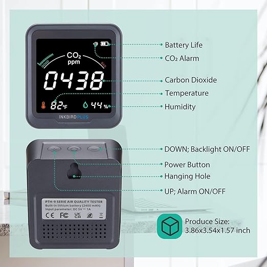 INKBIRDPLUS Ndir CO2 Detector Battery Powered | Digital CO2 Monitor with Alarm | Carbon Dioxide & Temperature & Humidity Air Quality Monitor Indoor | for Home, Office, RV, Grow Tent (PTH-9C)