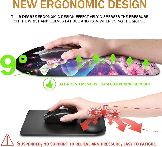 BOCHEERY Ergonomic Mouse Pad Wrist Support,Upgrade Mousepad with Massage Design,Non-Slip PU Base Desktop Mouse Pads for Pain Relief, Computer, Office & Home,12 x 8 in（F-Butterfly with Flower）