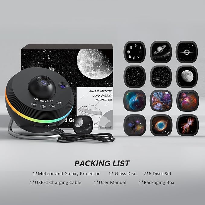 Ainael Galaxy Projector, Star Projectors Home Planetarium Space Ceiling Starry Sky Night Light with Light Strip, Meteor and Galaxy Projector & 2 Films Set for Kid Adult