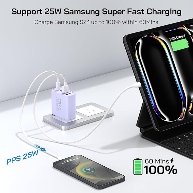 2Pack USB C Fast Charger Block, Total 60W 5-Port USB C Wall Charger 30W Type C Charging Block, 2USB C+3USB A PD 3.0 Multiport Charging Cube for iPhone 17 16 15 14 Pro Max, G-alaxy S25 S24 Ultra, i Pad