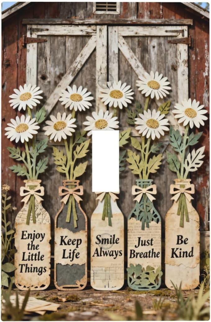 Bvtewkhz Rustic Daisy Barn Door Flowers 1 Gang Single Toggle Decorative Light Switch Covers Electrical Faceplate Switch Plates for Bathroom Kitchen Home