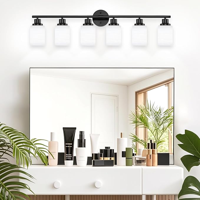Guliaofo 6-Light Bathroom Light Fixtures, Vanity Lights for Mirror with Textured Milky White Glass Shade, E26 Base Modern Kitchen Light Fixtures Wall Sconce Light - Black