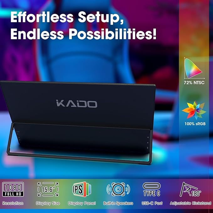 Kado 15.6" 1080p Portable Monitor for Laptop, 100% sRGB 1920x1080 HDMI USB-C Second Display IPS Laptop Screen Extender, Carrying Sleeve 180° Kickstand for PC, Mac, Dex, Tablet, Xbox, PS4/PS5, Switch