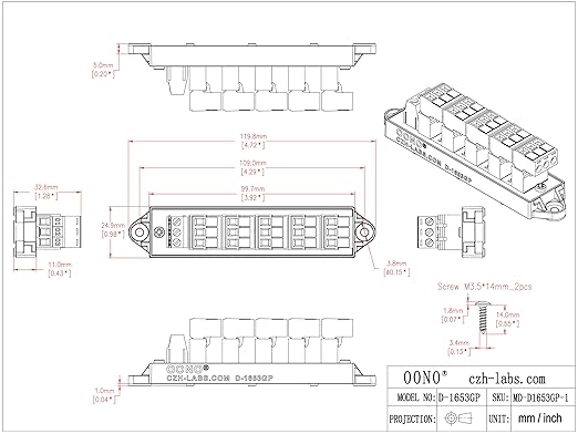 16Amp 300V 3x6 Position Pluggable Terminal Block Distribution Module. OONO D-1653GP