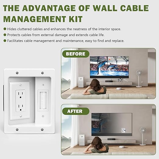 Wall Cable Concealer Management Kit, Recessed Outlet Behind TV for Wall Mount TV with Cable Management Box, in Wall TV Connection Kit Hides Power Cables & Low Voltage Wires Fits All Plugs (NO Wire)