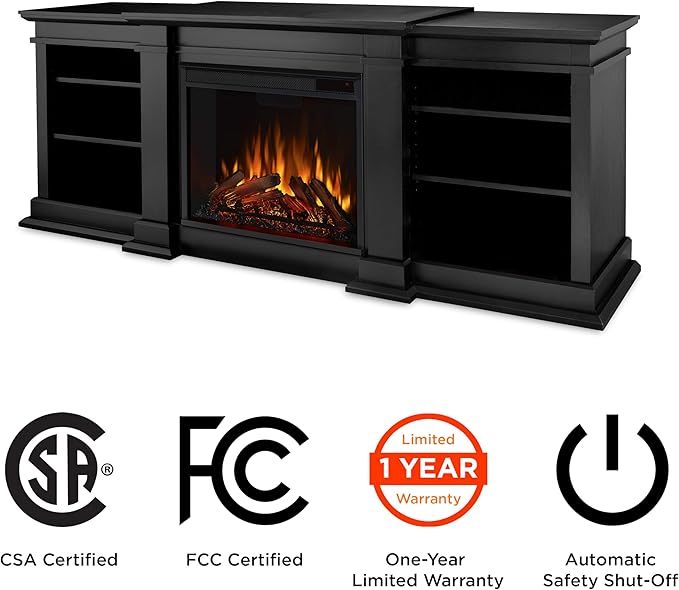Real Flame Fresno 72" TV Stand with Electric Fireplace in Black, Entertainment Center with Electric Fireplace, Living Room TV Stand with Fireplace, fits up to 70" TV