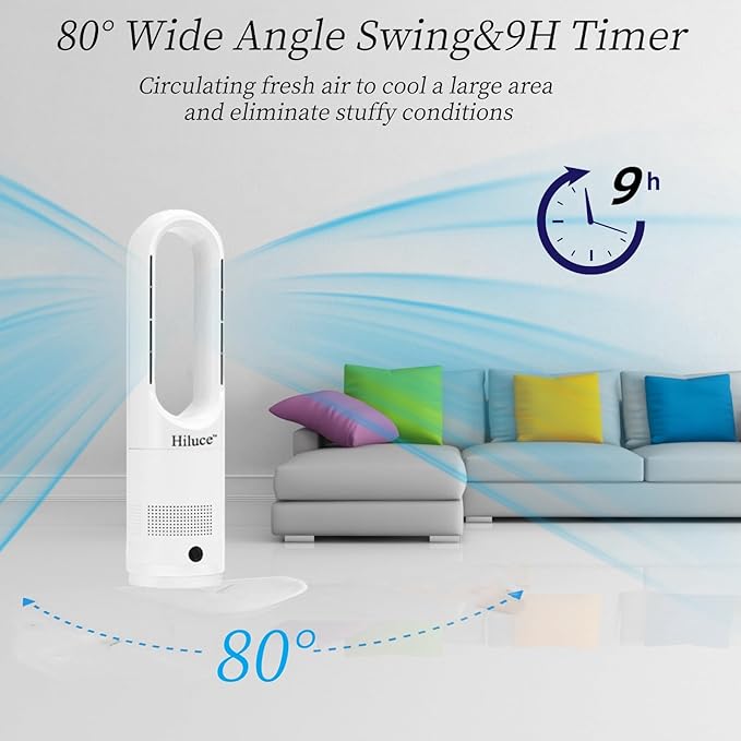 Hiluce Bladeless Fan for Bedroom,Tower Cooling Fan,20dB Quiet,Standing Fans with Remote,Touch, LED Display Installation Free 80°Oscillating 8 Speeds 9H Timer 22" for Home, Office