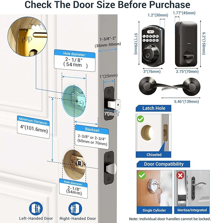 Veise Fingerprint Door Lock with 2 Lever Handles - Keyless Entry Door Lock, Electronic Keypad Deadbolt, Digital Smart Code & Front Handle Sets, Auto-Locking, Easy Installation, Matte Black