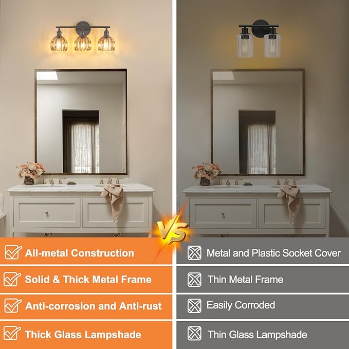Shenmoyl Bathroom Light Fixtures, 3-Light Black Vanity Wall Light Over Mirror with Amber Tulip Glass Shade for Bedroom Living Room (Bulb Not Included)