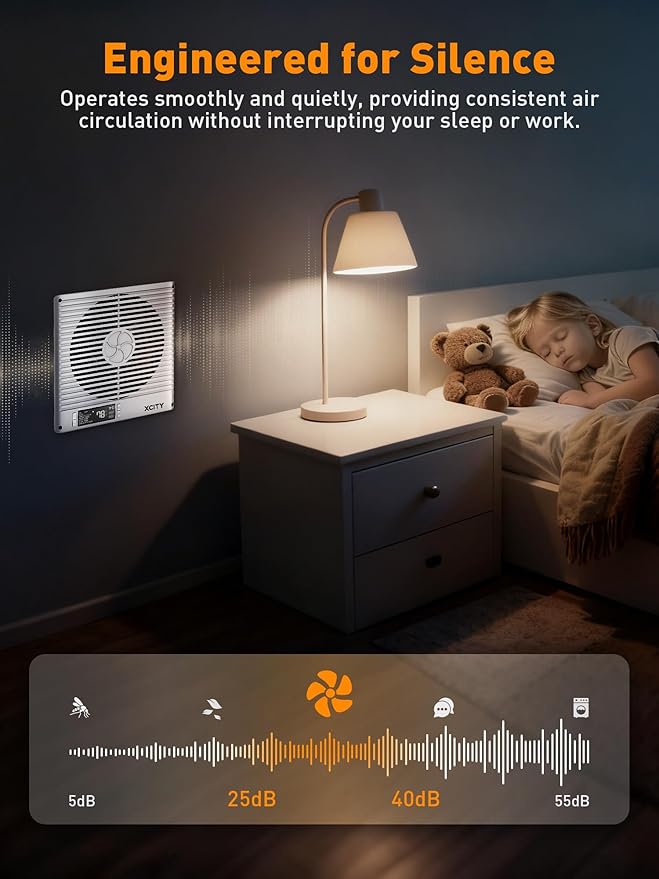 Xcity 8-Inch Room to Room Fan, Through-the-Wall Air Transfer Fan with Remote, 10-Speed Temperature Control, Quiet Reversible Airflow Ventilation for Bedroom, Kitchen & Laundry