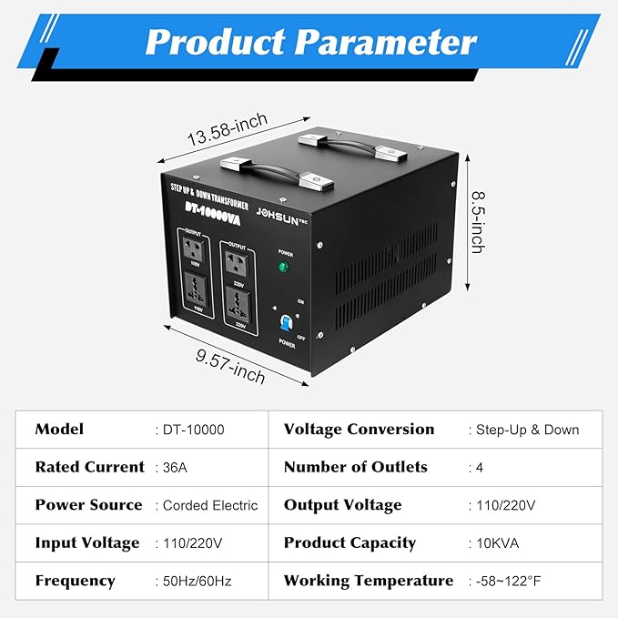 8000W/10000W Voltage Converter Transformer Step Up/Down 110V/220V Heavy Duty Transformer Power Converter Automatic Voltage Regulator Voltage Converter Circuit Breaker Protection (DT-10000VA)