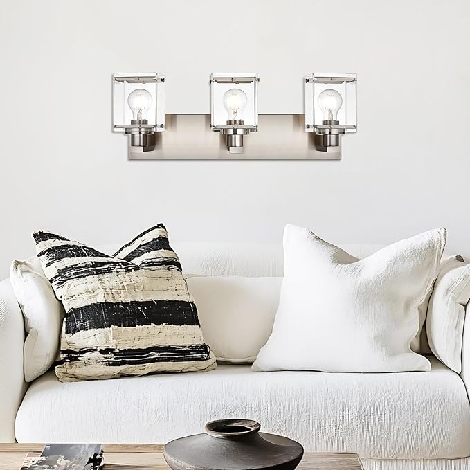 WINSHEN 3-Lights Bathroom Wall Light Fixtures E26 Bulb Base, Brushed Nickel Vanity Lighting Fixtures Over Mirror with Clear Glass Shades for Living Room Hallway Kitchen
