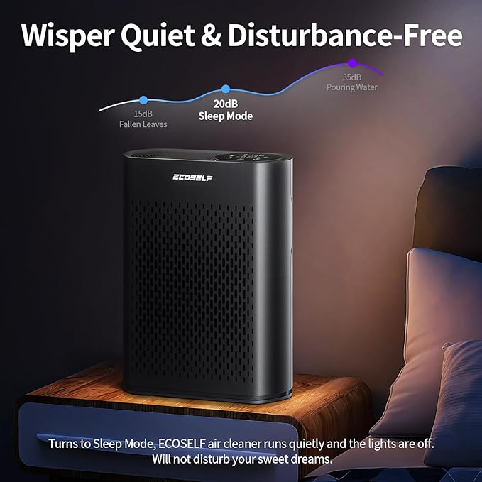 Powerful Air Purifiers for Home Large Room Up to 2400 Ft², ECOSELF HEPA Air Purifier with PM 2.5 Air Quality Display 20dB Sleep Mode, Air Purifiers for Bedroom Office Living Room HAP602 Black