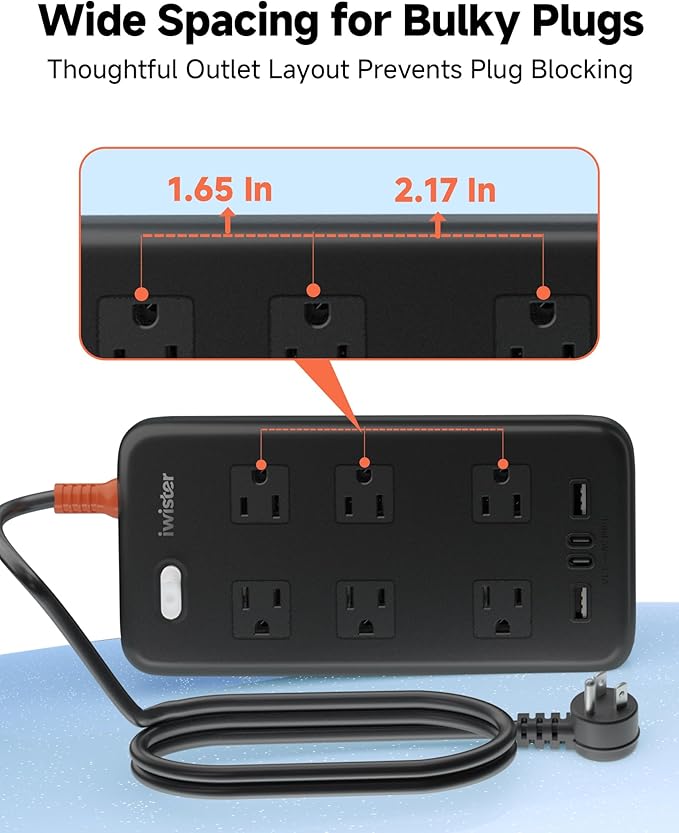 Iwister Outdoor Power Strip Weatherproof IPX6,6 Ft Extension Cord,4 USB Ports & 6 Wide Outlets for Multiple Devices,Wall Mountable for Yard,Workshop,Poolside,RV Camping,Black