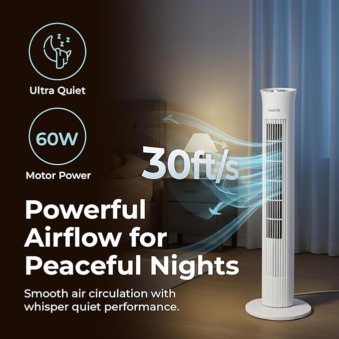 Forest Tower Fan for Bedroom - 32" Standing Fan with 70° Oscillating | Lightweight Cooling & Quiet Tower Unit for Indoors | Bladeless with 3 Speeds, 120 Min Timer & Manual Dial Control, 60 W | White