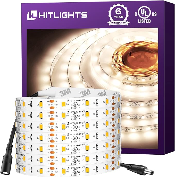 HitLights LED Strip Lights Neutral White 4000K, 16.4ft Dimmable Tape Light, 300LEDs, 150Lm/ft, CRI>90, UL Listed, 12V Flexible Rope Lights for Bedroom, Kitchen, Cabinet (Power Source Not Included)