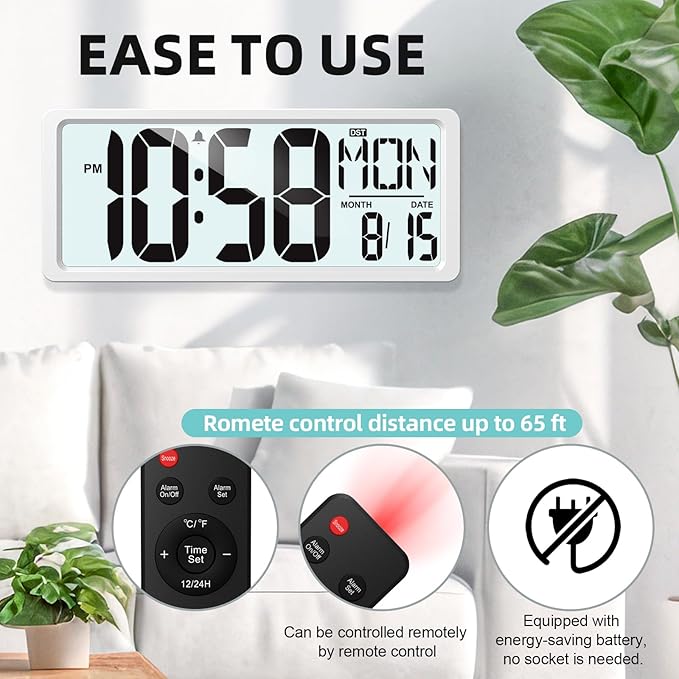 XREXS Large Digital Wall Clock Battery Operated with Backlight, 15" LED Large Display Timer with Temperature Date Week Auto DST Adjustable Brightness, Alarm Clock for Classroom, Livingroom, Office