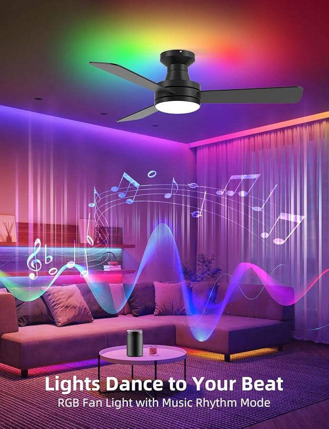 Homlit 42" RGB Ceiling Fan with Light, Music Sync Smart Fan with Alexa/Google/App Control, Low Profile Flush Mount, 6-Speed Quiet DC Motor, 4 CCT Dimmable Lighting for Bedroom Living Room, Black