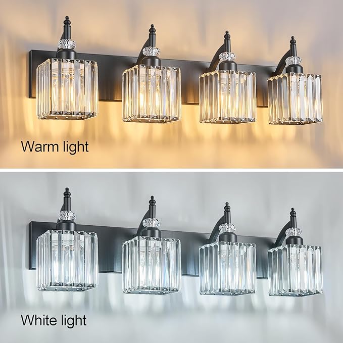 BBLLWJ Modern Bathroom Vanity Light 4-Light Black Crystal Light Fixtures Over Mirror for Bathroom Wall Sconce