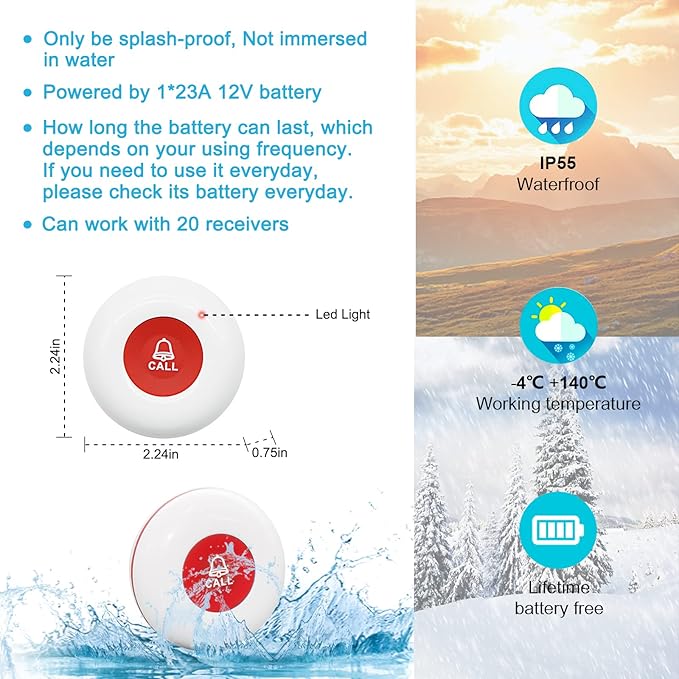 CallToU Caregiver Pager Call Button Elderly Wireless Call Button Vibration Pager Nurse Calling Alert System for Home Elderly Disabled Patient 2 Transmitters 1 Receiver