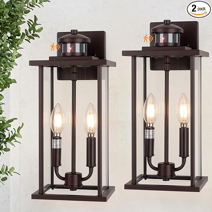 SIAFAVOI Motion Sensor Outdoor Wall Lights, 16" Waterproof Large Exterior Sconce, Compatible with E12 Base Bulbs, Modern Porch Entryway Lamp for Patio, Front Door Garage (Oil Rubbed Bronze, 2 Pack)