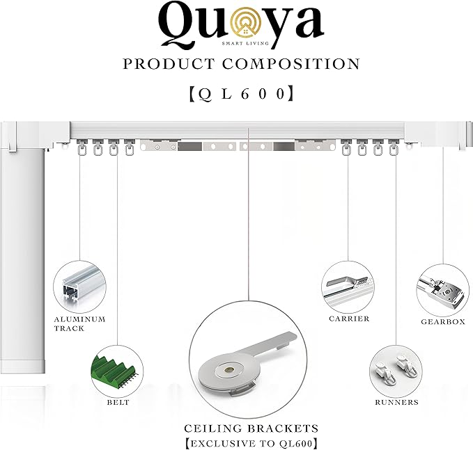 Quoya QL600 Smart Electric Curtain Track, Motorized Motor, Adjustable Track Length, Compatible with Alexa, Google, Siri, Apple Watch (up to 275 inches (7 metres) (Wall Brackets NOT Included)