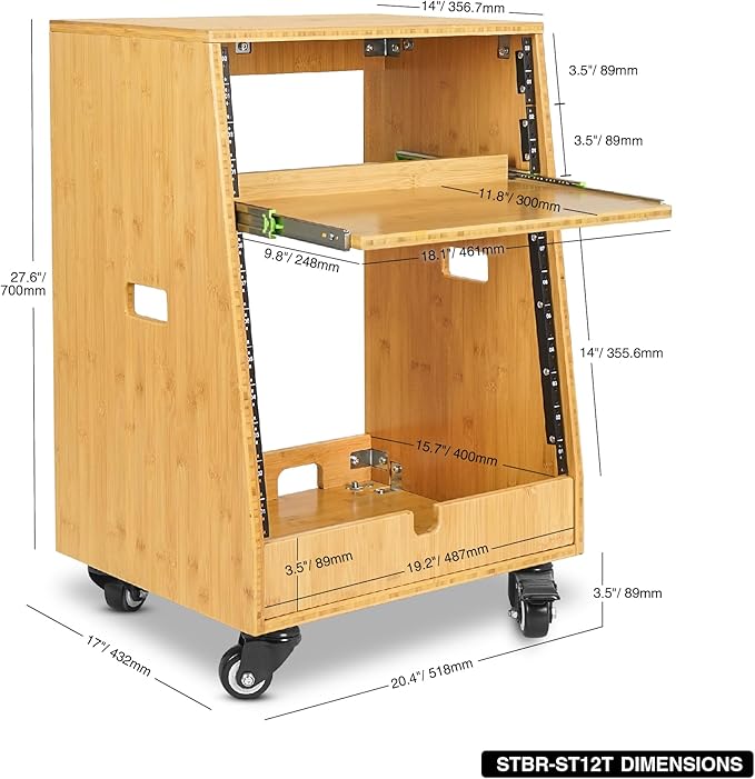 Sound Town DIY Solid Carbonized Bamboo Slanted 12U Studio Rack (4U Top + 8U Lower), with 2U Bottom Storage, Slide-Out Tray, Caster, For Recording Room, Home Studio (STBR-ST12T)