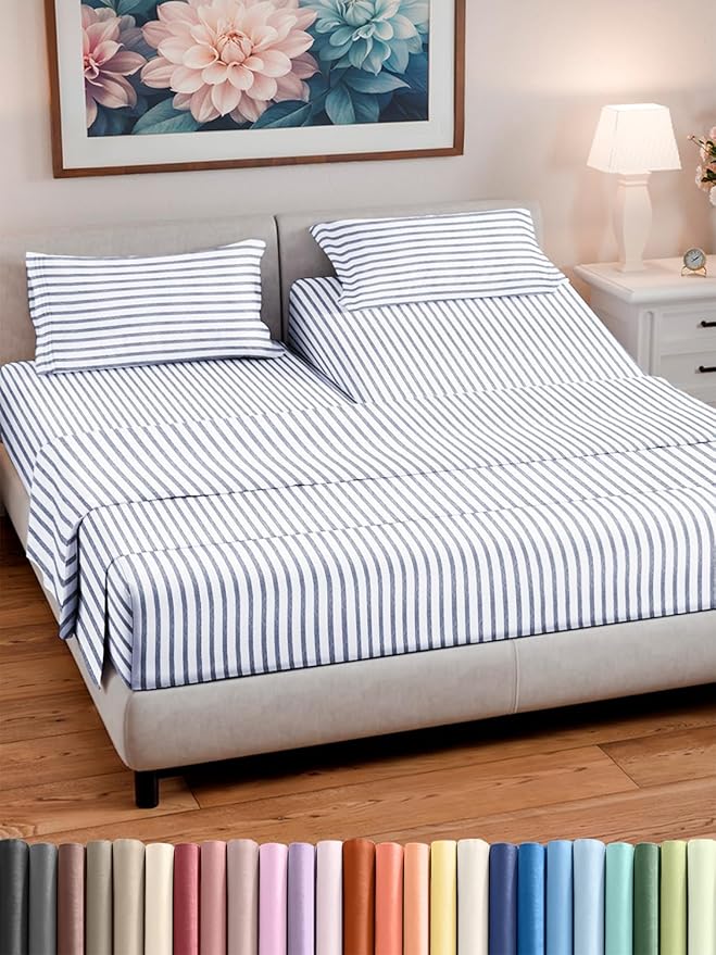 Split Head King Sheet Set – 4 Piece Flex Split Top King Sheets for Adjustable Beds - Fits 14” to 16" Mattress w/ Deep Pockets - Breathable & Cooling - Luxury Bedding and Wrinkle Free - Blue Stripes 2