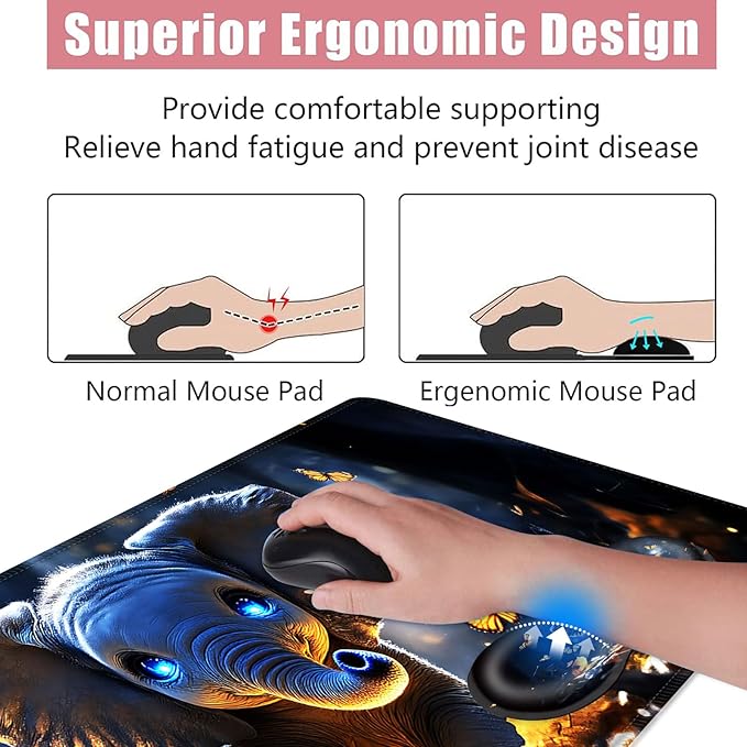BFUKVOU Large Keyboard Mouse Pad Set, Extended Mouse Pad+Keyboard Wrist Rest Support, Memory Foam Ergonomic Easy Typing, 4Pcs (31.5×11.8 in) Desk Pad Set for Office Home,Cute Elephant with Butterflies
