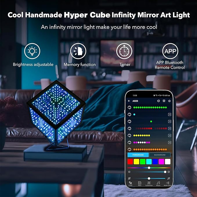 Heepulor Infinity Hyper Cube LED Table Lamp, Color-Changing Music-Sync APP-Controlled Ambient Light for Gaming, Party, Home (Small 4Inchs)