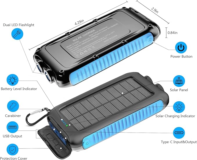 Kepswin Solar-Charger-Power-Bank-49800mAh Portable Solar Phone Charger with LED Flashlight/15W Fast Charge USB C Waterproof External Backup Battery Pack for All Cell Phones & Electronic Devices