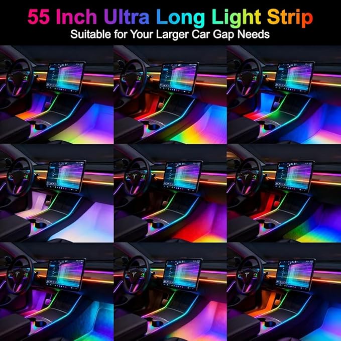 Acrylic Interior Car Ambient Lighting, Interior RGB LED Strip Kit with Music Sync Mode, 55 Inch Length Suitable for Pickup, Trucks, SUV and Large Vehicles (6 in 1)