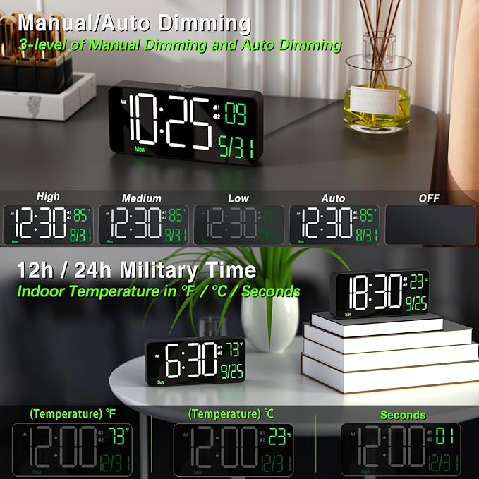 KOSUMOSU Digital Alarm Clocks for Bedrooms,6.7in Black Small Digital Clock for Bedroom, Auto Dimming,Date,Week,Seconds or Indoor Temperature,Desk Clocks for Living Room,LED Alarm Clock Calendar