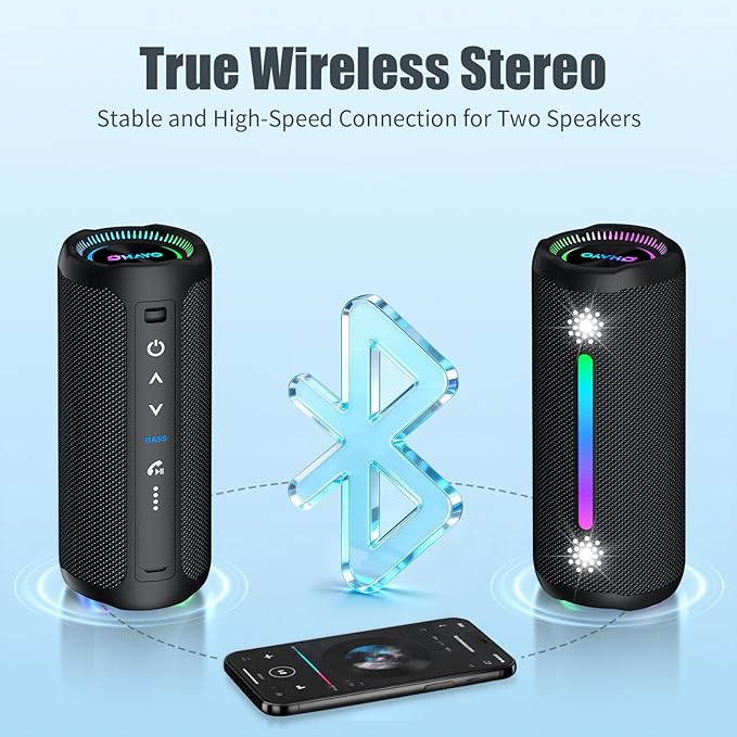 Bluetooth Speakers Wireless Loud Stereo Sound IPX7 Waterproof Outdoor Portable 25W Super Bass Speaker for Home Party Beach with 24H Playtime Colorful Lights BT5.3 TWS Pairing Birthday Gift Black