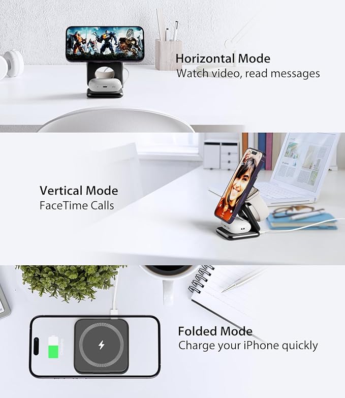 KU XIU X40 Foldable Magnetic Wireless Charger, 3-in-1 Charging Station for iPhone 17/16/15/14/13/12 & iPhone Air, 5W Fast Charging for Apple Watch S11–4/SE/Ultra 3/2/1, AirPods 4/3/2/Pro – Black