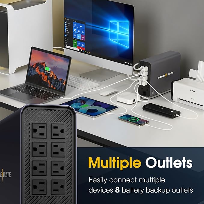 GOLDENMATE 1000VA/600W Lithium UPS Battery Backup and Surge Protector, Sinewave UPS System with LiFePO4 Battery(153.6 Wh), Updated Pro Ver. with USB Communication Port, 8 Outlets, LCD Display, Gray