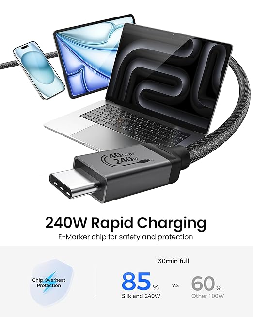 Silkland USB 4 for Long Thunderbolt 4 Cable 10FT, 40Gbps/8K Display/240W Charging, Braided USB C Thunderbolt 3 Cable 3M, USB C Video Cable Compatible for MacBook, iPhone 17/16, SSD, Monitor