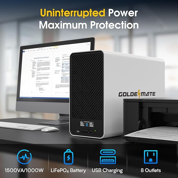 GOLDENMATE 1500VA/1000W Lithium UPS Battery Backup and Surge Protector, Backup Battery Power Supply with LiFePO4 Batteries(296Wh), AVR, Line Interactive Sinewave UPS System, 8 Outlets, LCD Display