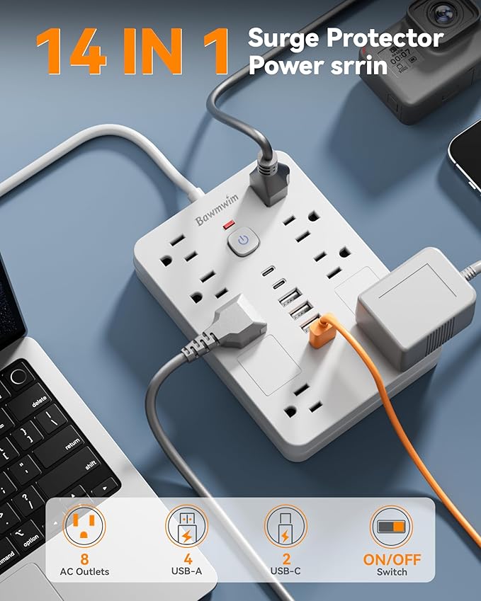 Bawmwim Surge Protector Power Strip - 8 Outlets(1850W/15A) with 6 USB Ports（2 USB C, 10FT Flat Plug Extension Cord, Wall Mount Multi Plug Outlet Extender, ETL Listed for Home, Dorm Room, White