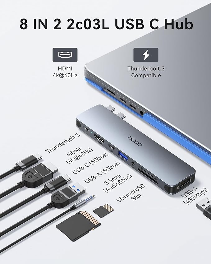 USB C Adapter Hub for MacBook Pro Air 2025-2018, Mac Adapter Multiport for MacBook 13" 15" 16", Mac Accessories Hub 8 in 2 with HDMI Thunderbolt 3 USB-C USB 3.0 2.0 SD/TF Card Reader