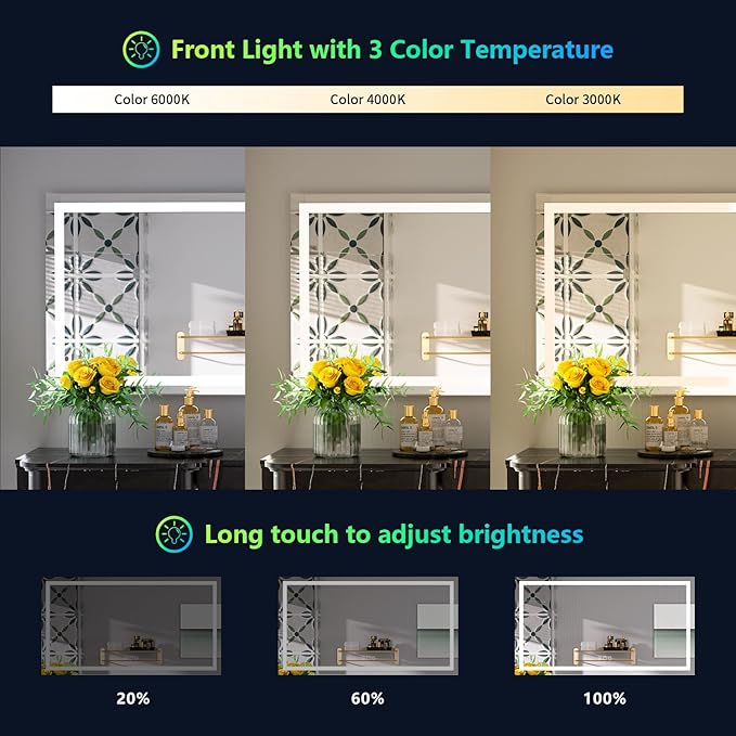 YEELAIT 55x36 Inch RGB LED Bathroom Mirror Front Light and RGB Backlit Lighted Vanity Mirror for Bathroom Wall Mounted Dimmable Anti Fog Memory Shatter-Proof IP54 Waterproof Horizontal/Vertical