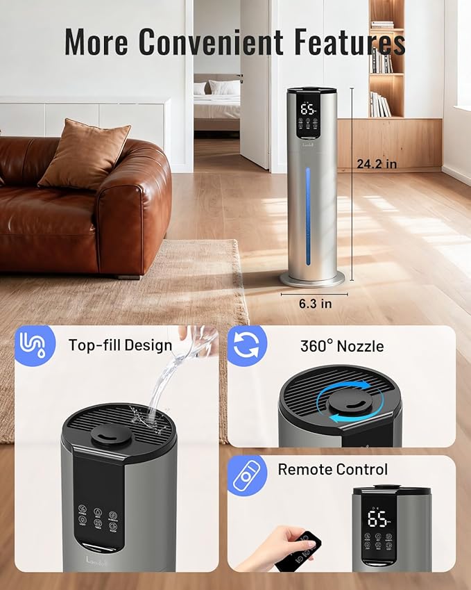Lacidoll 8L Humidifiers for bedroom, Humidifiers large room up to 500 sq ft, Easy to Clean Humidifier with Washable Parts, Ultrasonic Cool Mist Humidifier for Home Plants Baby Nursery Office, Grey