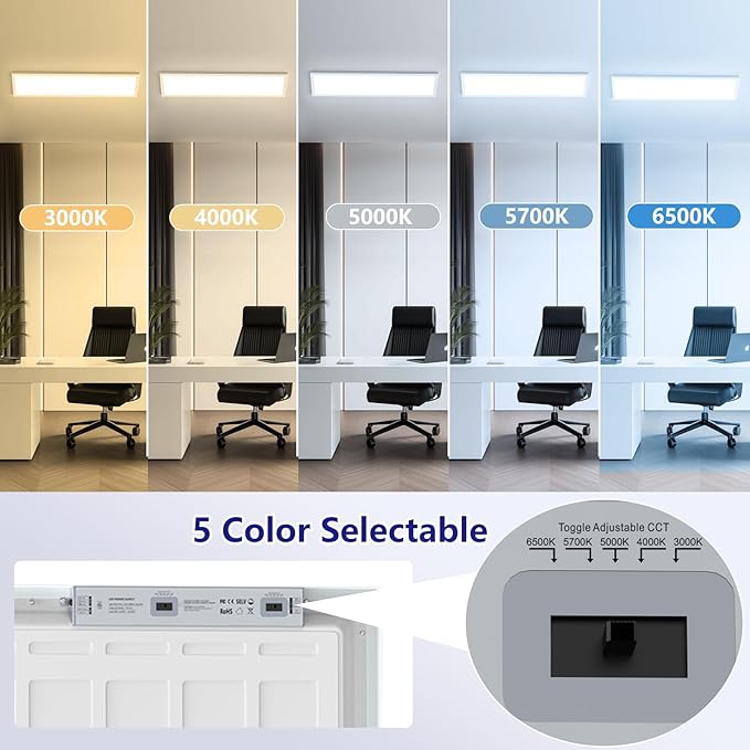 AIKVSXER 1x4 Led Flat Panel Light Surface Mount-6 Pack, 50W 5500Lm Dual Selectable 5CCT 3000K/4000K/5000K/5700K/6500K and Wattage 30-50W 0-10V Dimmable Ceiling Light Fixture for Kitchen/Laundry